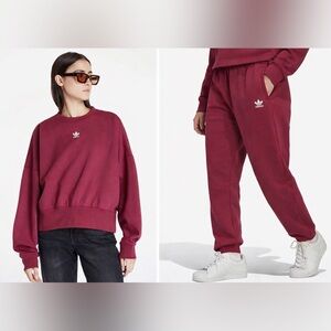 Adidas Women's Small Oversized Burgundy Sweat Shirt and Sweatpants Set Comfy